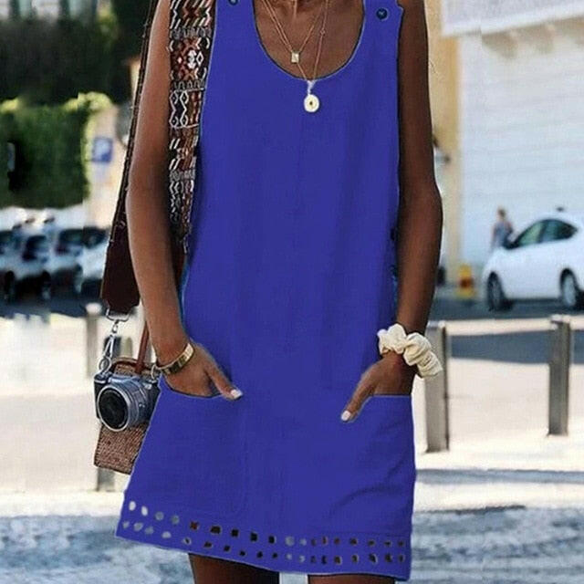 O-neck Button Mini Dresses Summer Solid sleeveless Pockets Dress Casual Beach A-line Dress