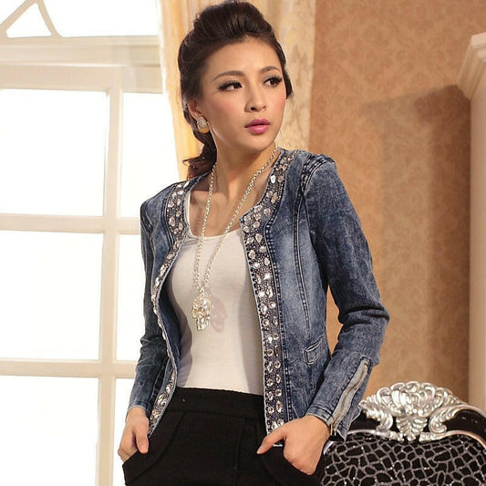 pring and Autumn Elastic Denim Rhinestone Sequins Retro Short Jacket.