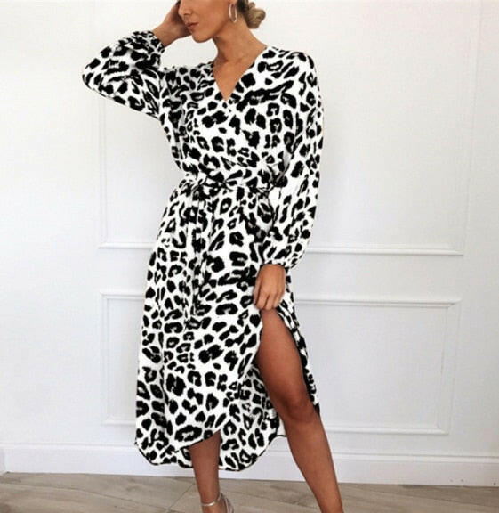 Women Wrap Leopard Printed Boho Long Maxi Dress Casual Bandage Bodycon Long Sleeve V Neck Loose Club Wear Dresses.