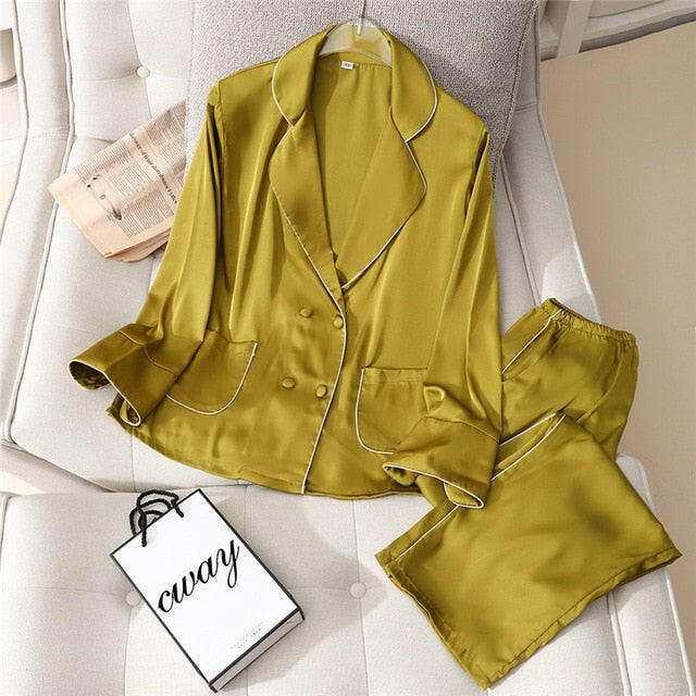 2 Pieces Faux Silk Satin Pajamas Set Autumn Women Sleepwear.