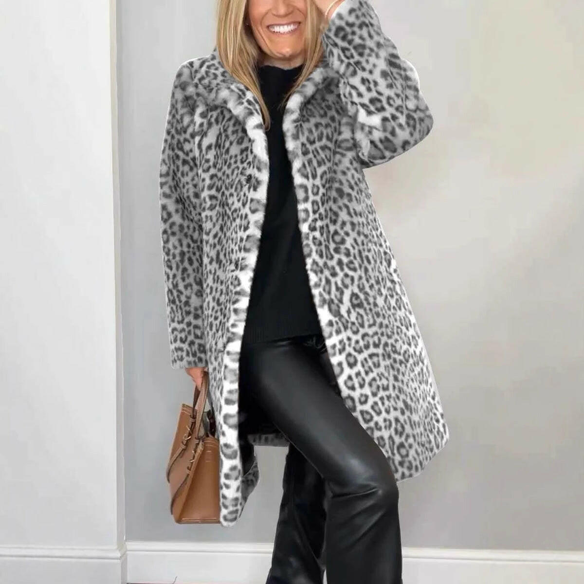 Autumn & Winter Leopard Print Plush Medium-Long Jacket for Women.