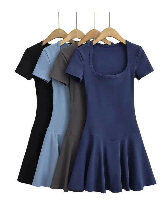 Summer Short Sleeve Square Collar Sports Dress with Shorts - Perfect Blend of Style and Comfort.