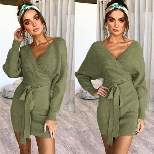 Dicloud sexy v neck sweater dress women knitted vestidos bandage bodycon hollow out wrap dress winter female party dresses.