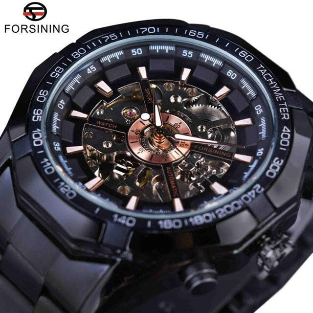 Silver Stainless Steel Waterproof Mens Skeleton Watches Top Brand Luxury Transparent Mechanical Male Wrist Watch.