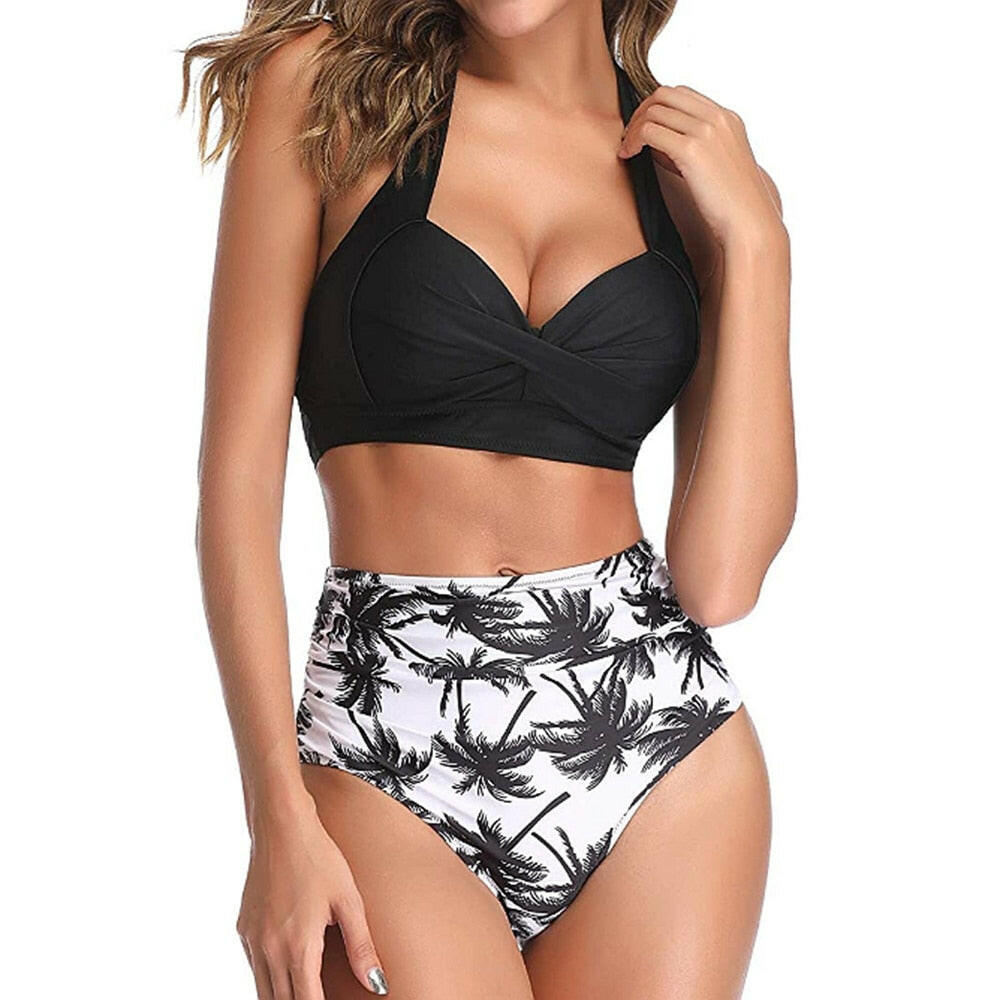 Sexy High Waist Bikini Florial Print Tankini Halter Sexy Bikini Set Polka Dot Female Swimwear Ladies Bathing Suit Plus Size XXL.