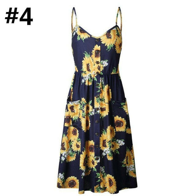 Sexy Women Floral Sleeveless Long Dresses Ladies Spaghetti Strap Sundress Printing Sling Button Backless Sexy Dress 20 Color W6.