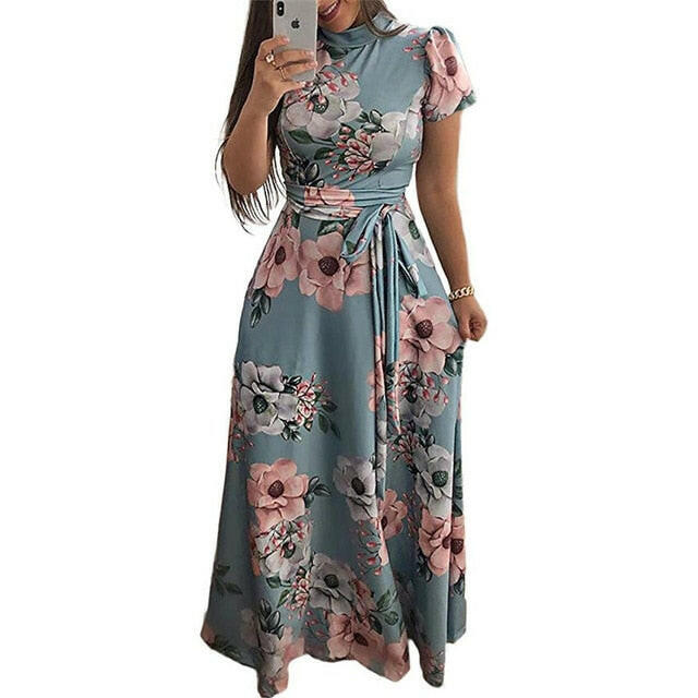 Women Summer Dress  Casual Short Sleeve Long Dress Boho Floral Print Maxi Dress Turtleneck Bandage Elegant Dresses Vestido.