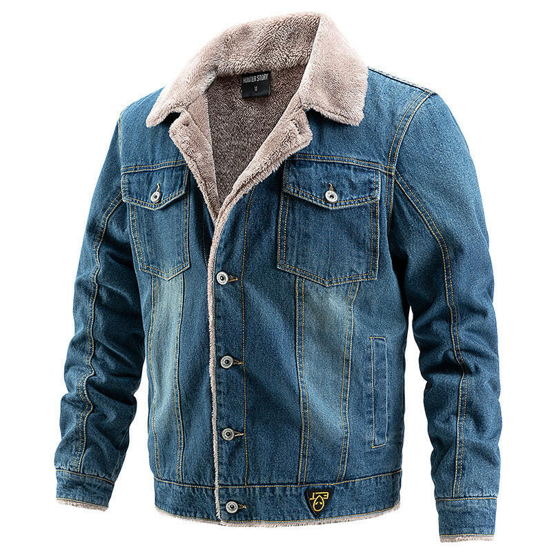 Denim jacket with plush and thick coat for men's casual denim jacket.