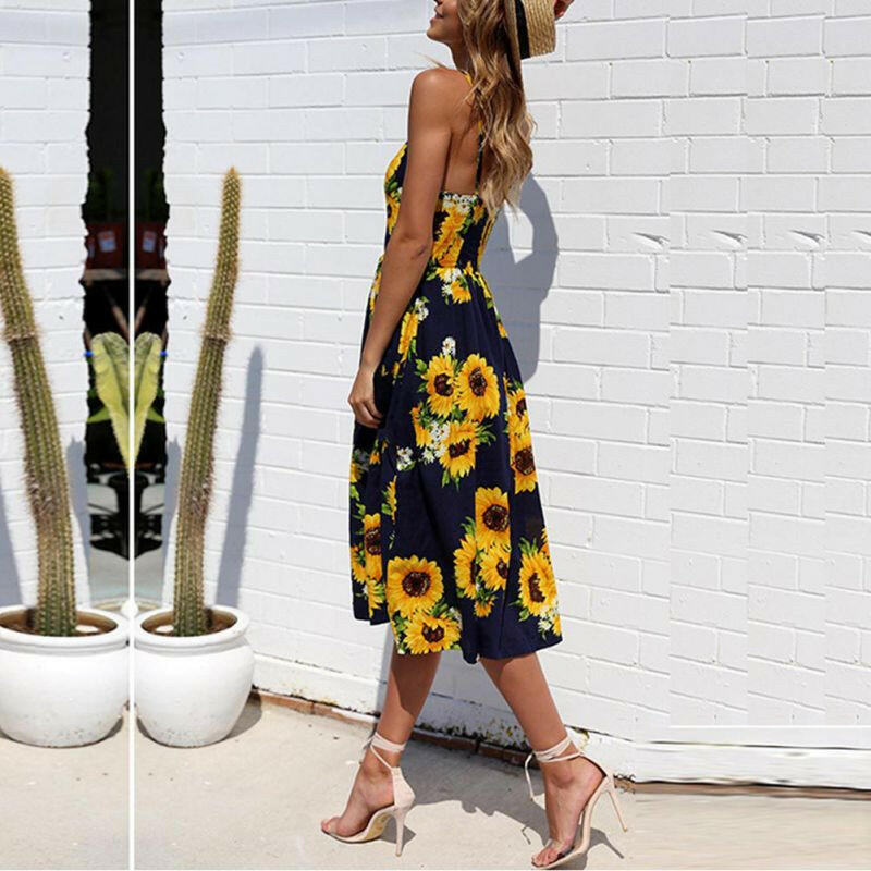 Sexy Women Floral Sleeveless Long Dresses Ladies Spaghetti Strap Sundress Printing Sling Button Backless Sexy Dress 20 Color W6.