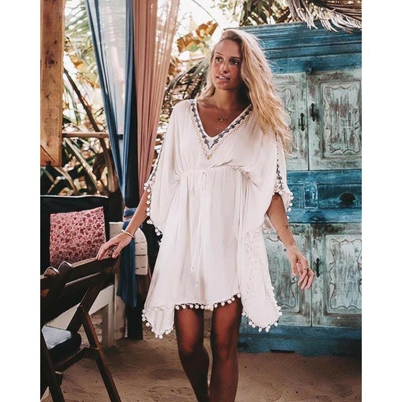 Beach Cover Up Swimsuit White V Neck Bat Sleeves Loose Beach Dresses Swimwear Women Bikini Bathing Suit Summer Beach Wear.