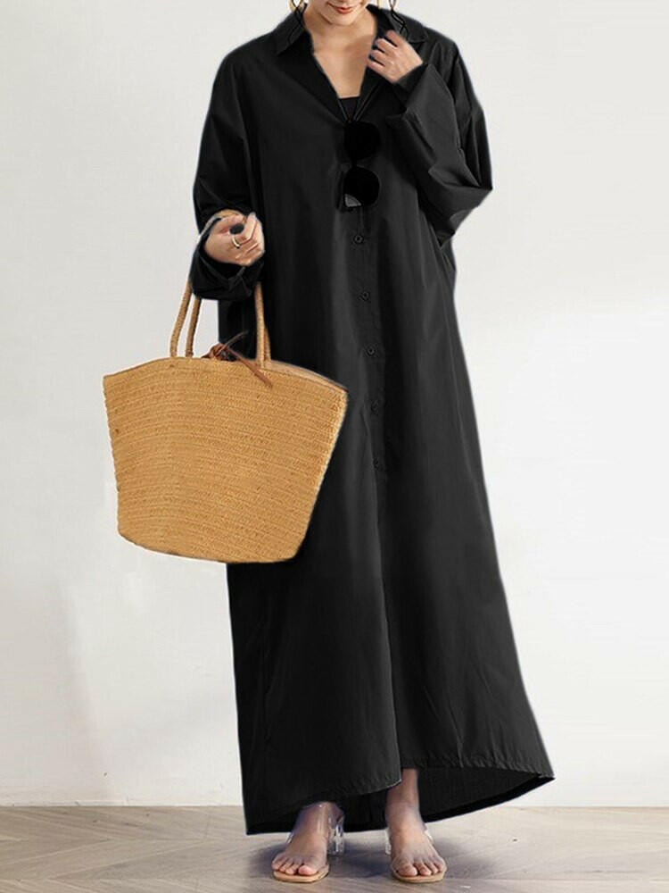 Versatile Long Sleeve Dress For Women Summer Solid Color Loose Big Size Single Breasted Casual Long Dresses.