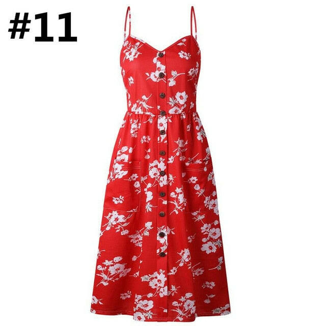 Sexy Women Floral Sleeveless Long Dresses Ladies Spaghetti Strap Sundress Printing Sling Button Backless Sexy Dress 20 Color W6.