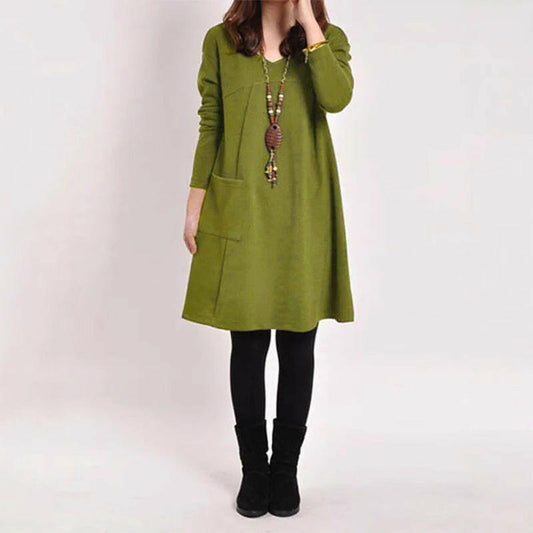 Autumn & Winter Long-Sleeved Pocket Loose Dress for Women.