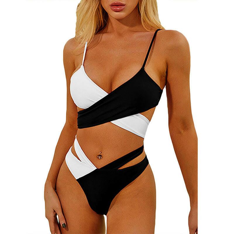 Ladies Tricolor Block Piece One Piece Swimsuit Bandage Swimsuit Bikini Swimwear.