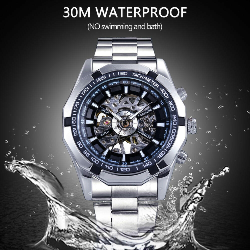 Silver Stainless Steel Waterproof Mens Skeleton Watches Top Brand Luxury Transparent Mechanical Male Wrist Watch.