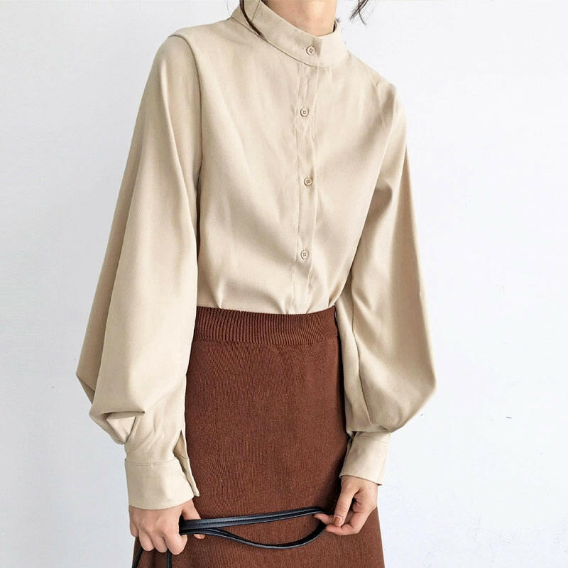 Big Lantern Sleeve Blouse Women Autumn Winter Single Breasted Stand Collar Shirts Office Work Blouse Solid Vintage Blouse Shirts.