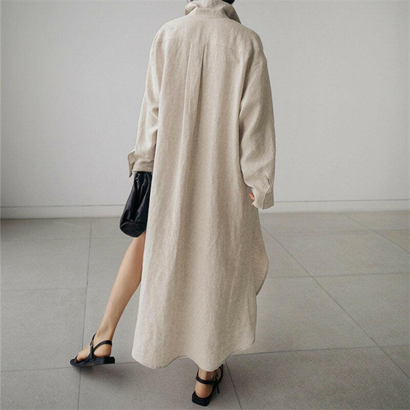 Summer Casual  Long Sleeve Shirt Dress Women Irregular Cardigan Turn-down Collar Elegant Long Dresses.