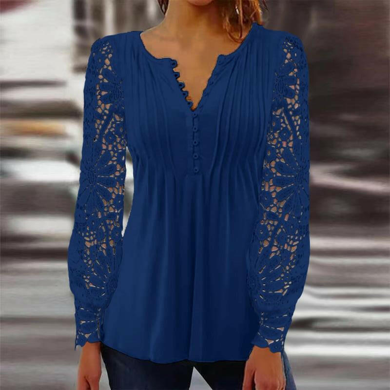 Fashionable new women's lace lace sleeves with pleats solid color button down t-shirt base shirt.