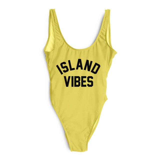 Sexy Swimwear Women ISLAND VIBES Letter Print Swimwear Women High Cut Low Back Bathing Suits.