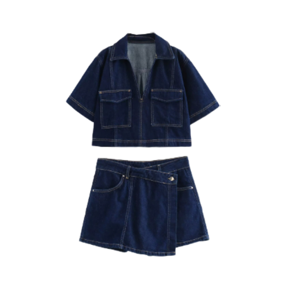 Short Denim Shirt and Double-Breasted Denim Skirt & Pants Set.