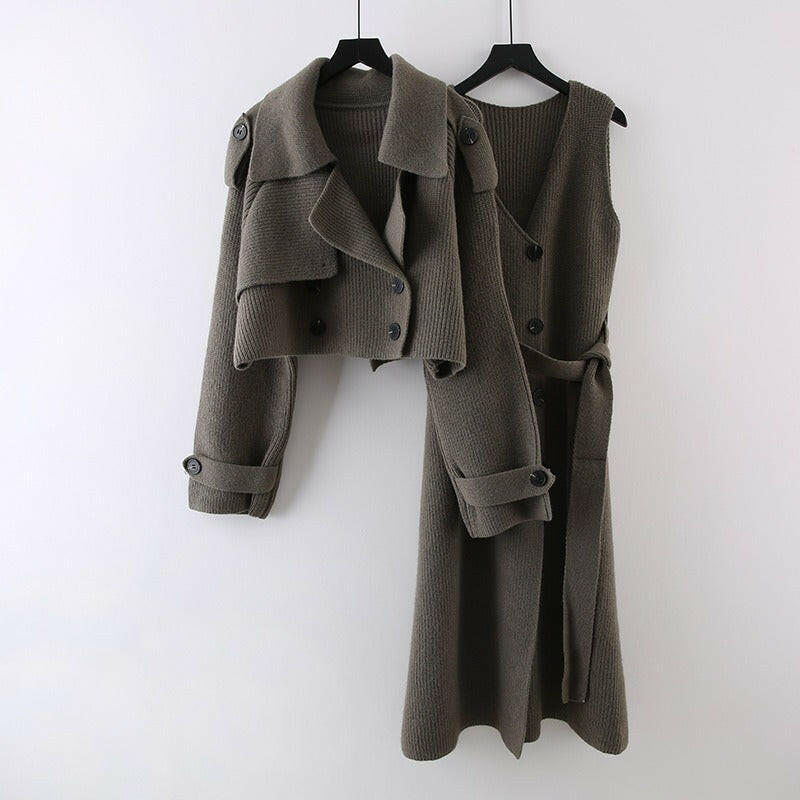 Fashion Knitted 2 Pieces Set For Women Lapel Single Breasted Long Sleeves Patchwork Coat Straight Belt Dresses.