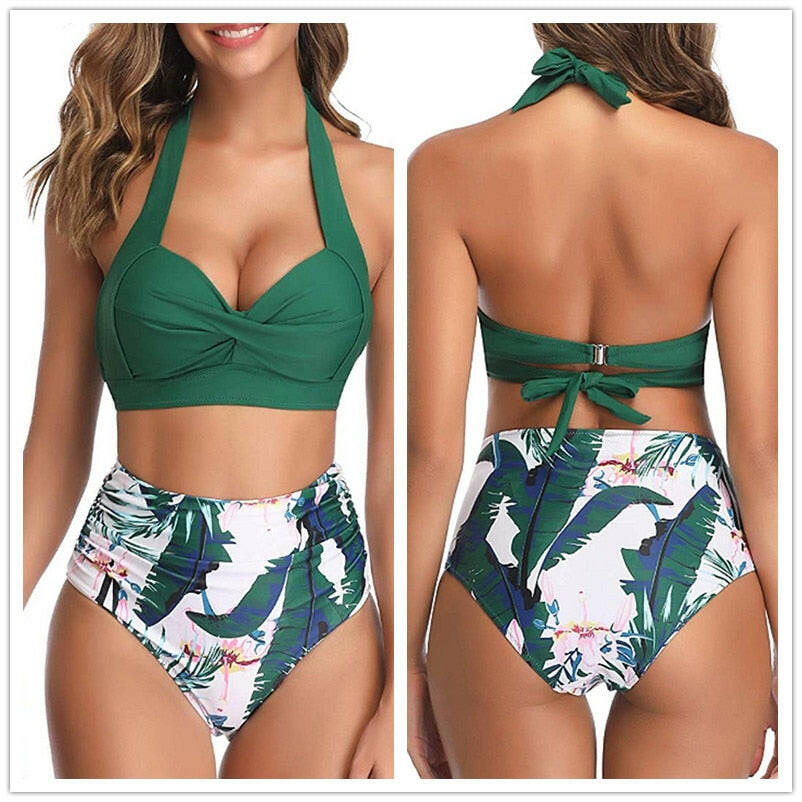 Sexy High Waist Bikini Florial Print Tankini Halter Sexy Bikini Set Polka Dot Female Swimwear Ladies Bathing Suit Plus Size XXL.