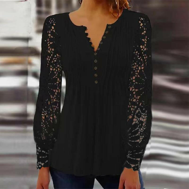 Fashionable new women's lace lace sleeves with pleats solid color button down t-shirt base shirt.