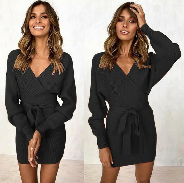 Dicloud sexy v neck sweater dress women knitted vestidos bandage bodycon hollow out wrap dress winter female party dresses.