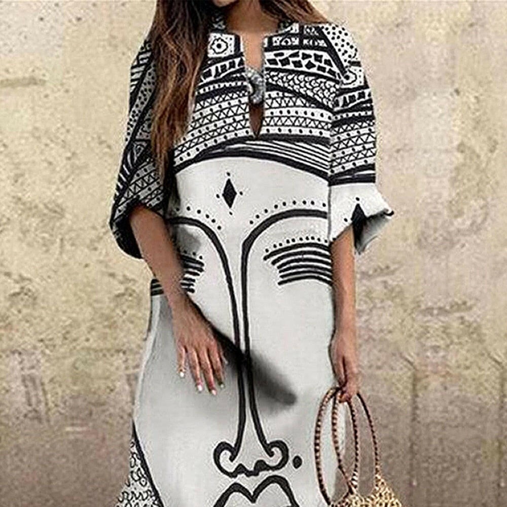 Vintage Portrait Print Dress Abstract Face High Waist Women Dresses.