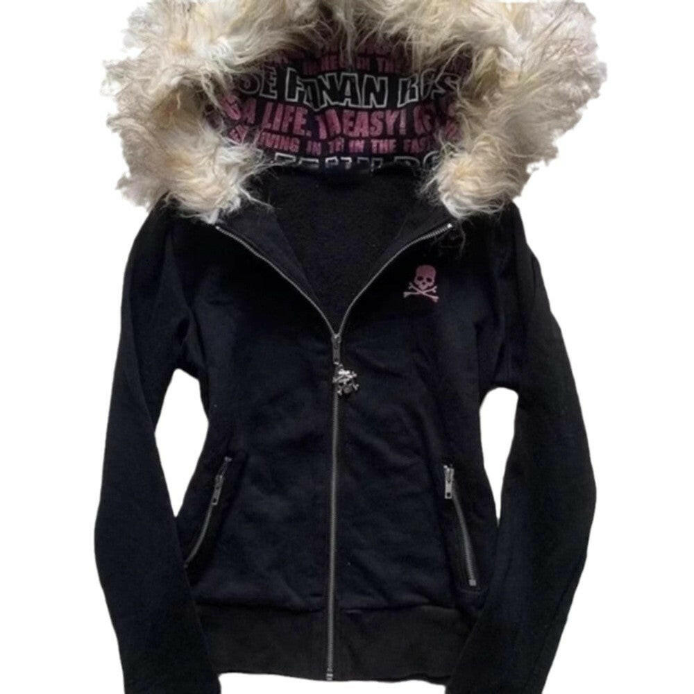 Women's Zipper Hooded Sweatshirt Jacket with Fur Collar – Elegant & Stylish Outerwear.