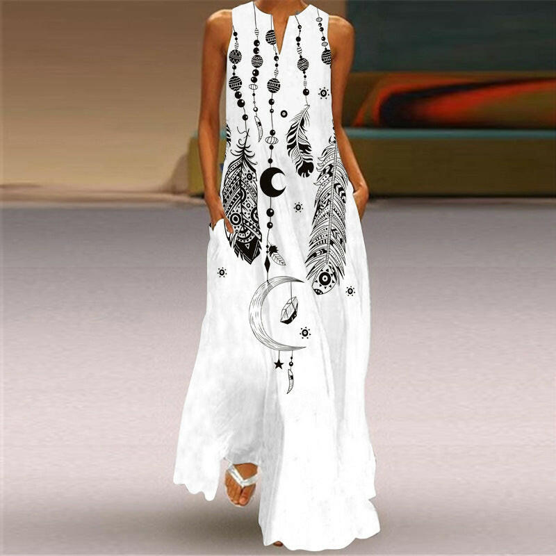 Summer women's fashionable and sexy digital printed V-neck sleeveless long dress with pockets, European and American dresses.