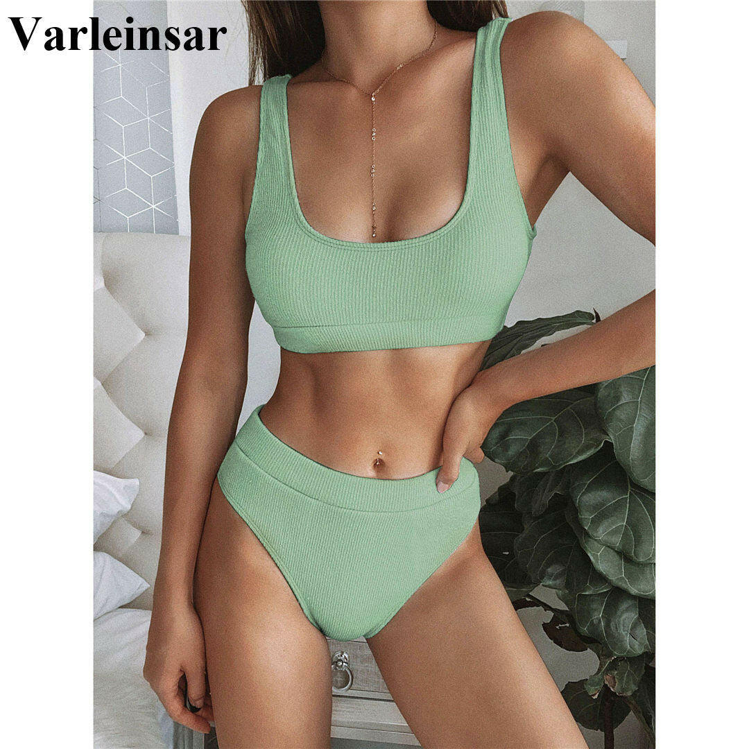 Sexy Ribbed Swimsuit High Waist Bikini Women Swimwear Two-pieces Bikini set Bather Bathing Suit Swim Wear V1946G.