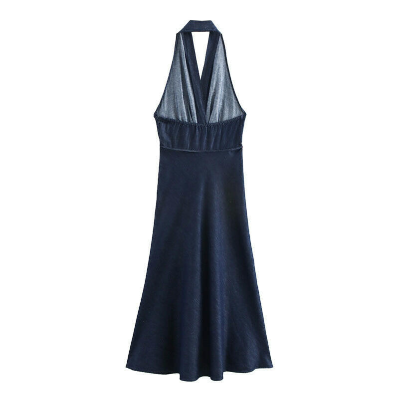 Hanging Neck Collar Long Denim Dress.