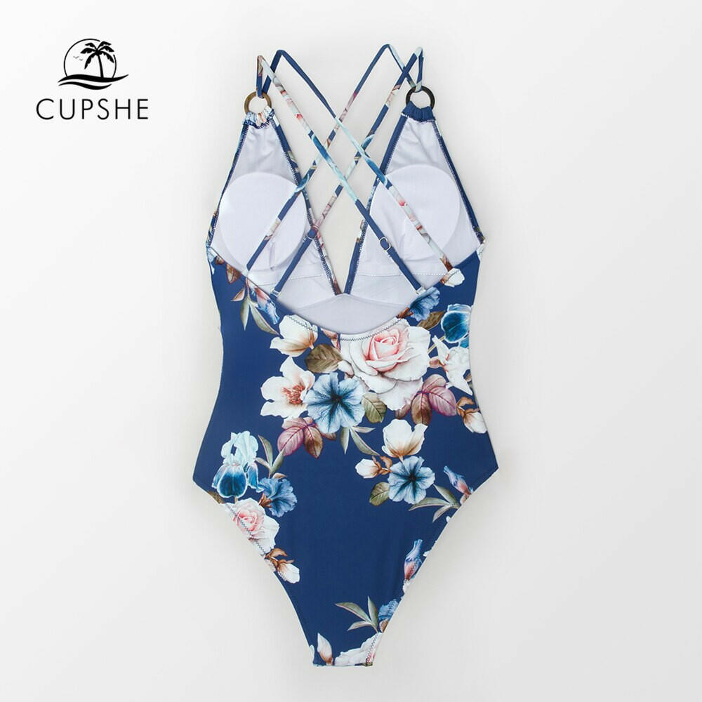 CUPSHE Blue Floral Strappy One-Piece Swimsuit Women Sexy Crisscross Monokini Swimwear Girl Beach Bathing Suits.