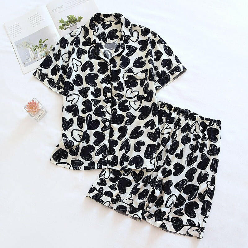 Cotton short sleeved shorts women's sleepwear set.