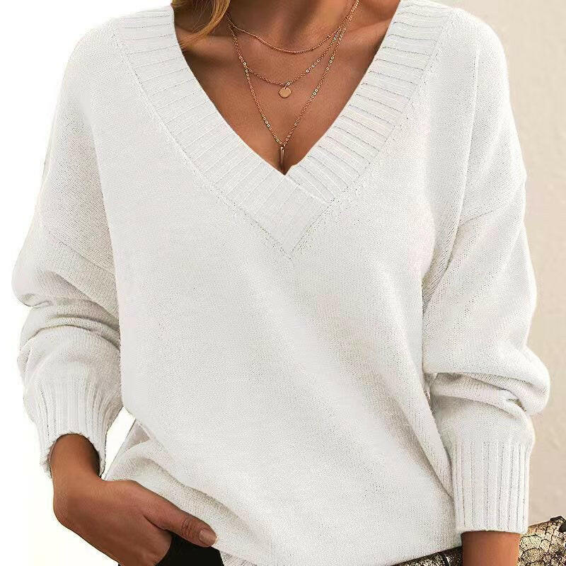 Women's European & American Loose V-Neck Pullover Sweater – Casual & Versatile Knitwear.