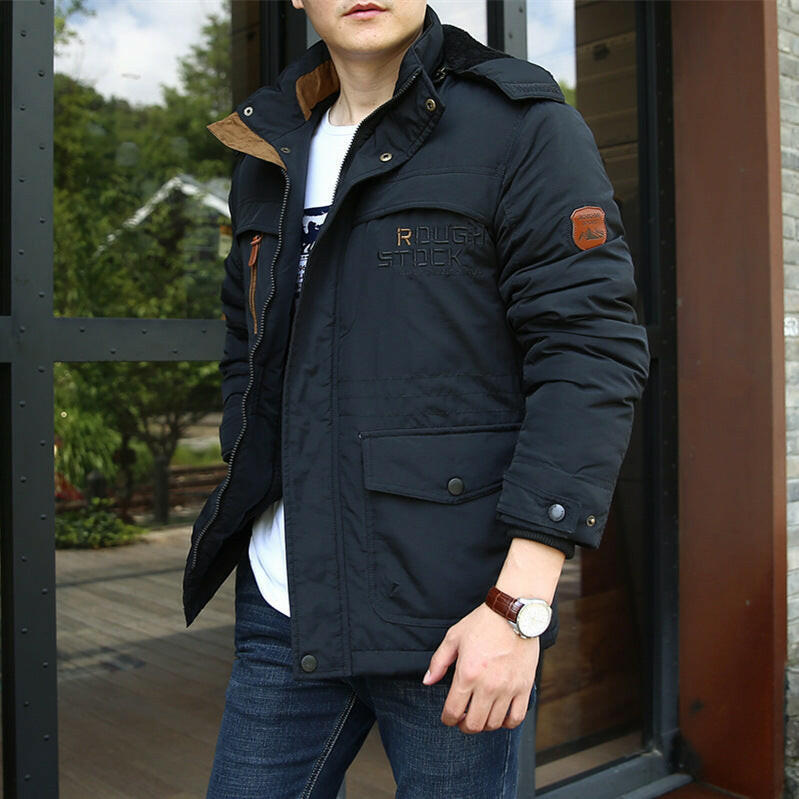 Men's Winter Thick Cotton Jacket – Fleece-Lined, Warm, Multi-Pocket, Medium to Long Length.