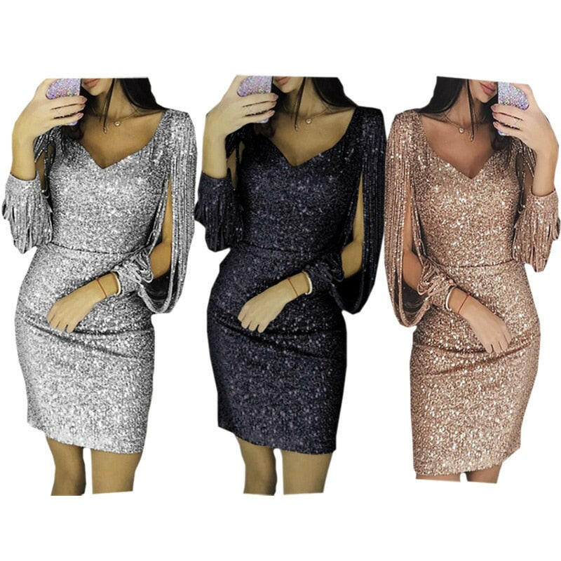 Women Knee Length Party Dress Gold Tassel Dresses Female Bodycon Long sleeve Bright Silk Shiny Dress Vestidos.