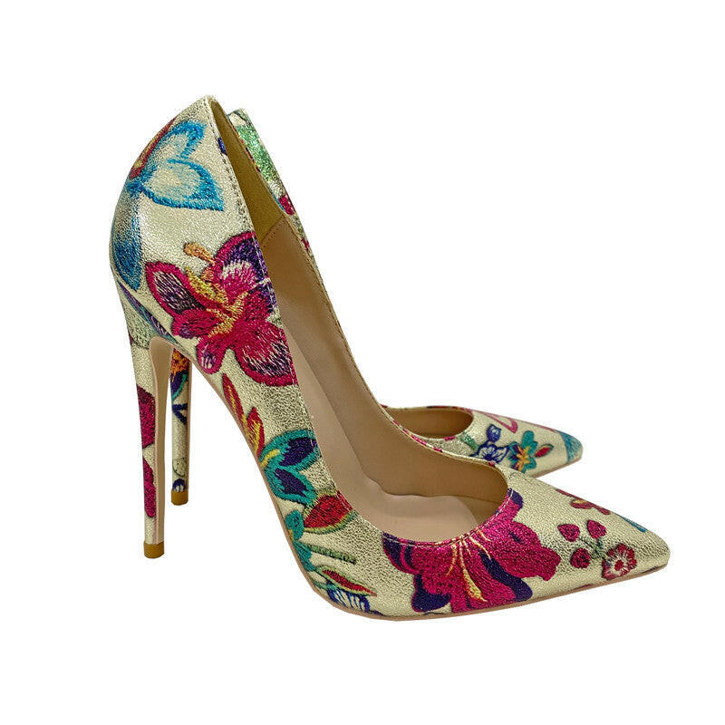 Gold Embroidered Graffiti High Heel Shoes.