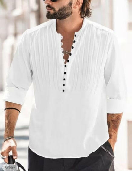 Cotton and Linen Mens Casual Button Round Neck Solid Standing Collar Shirt.