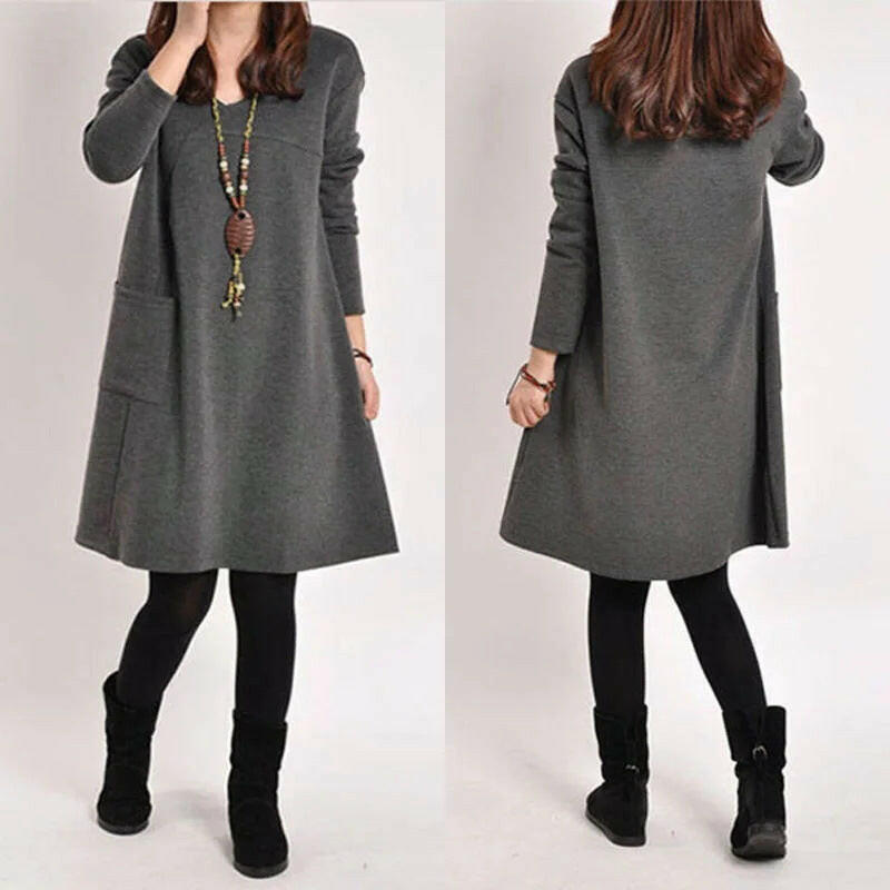 Autumn & Winter Long-Sleeved Pocket Loose Dress for Women.