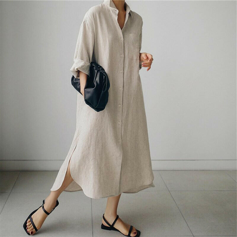 Summer Casual  Long Sleeve Shirt Dress Women Irregular Cardigan Turn-down Collar Elegant Long Dresses.