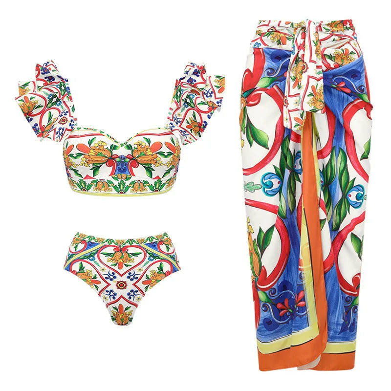 New Women's Lotus Edge Enamel Print Beach Vacation One Piece Swimwear Set.