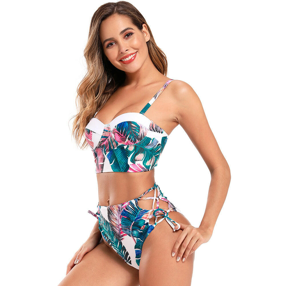 Vintage High Waist Bikini with Hanging Strap New Printed European and American Swimwear for Women Bikini.