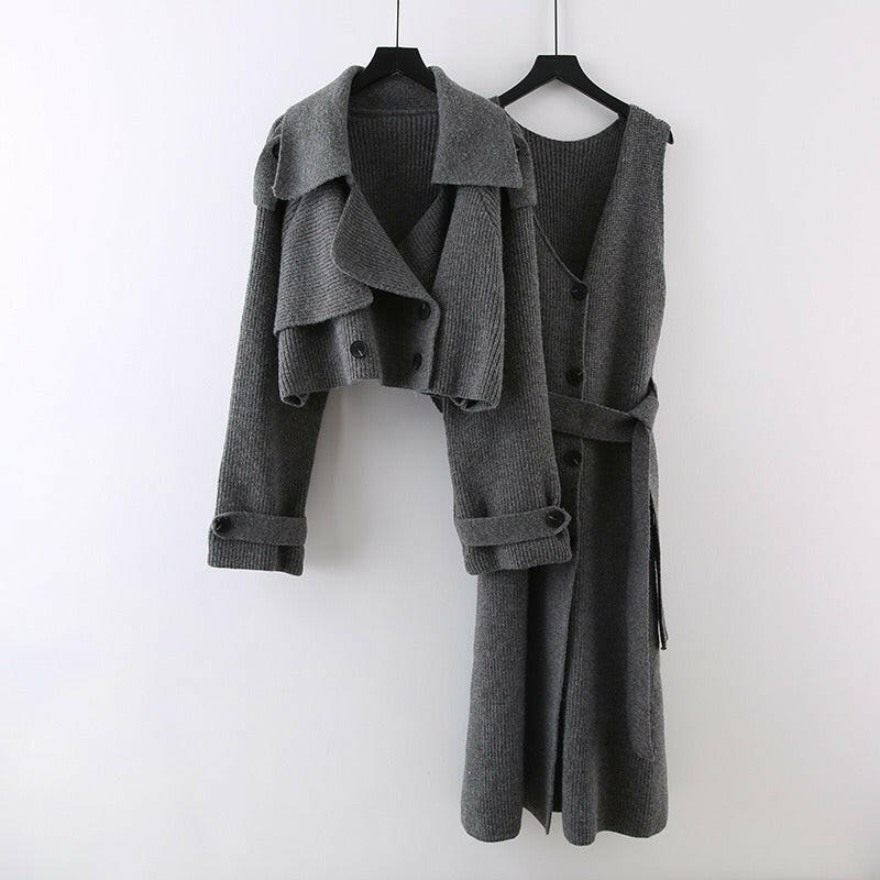 Fashion Knitted 2 Pieces Set For Women Lapel Single Breasted Long Sleeves Patchwork Coat Straight Belt Dresses.