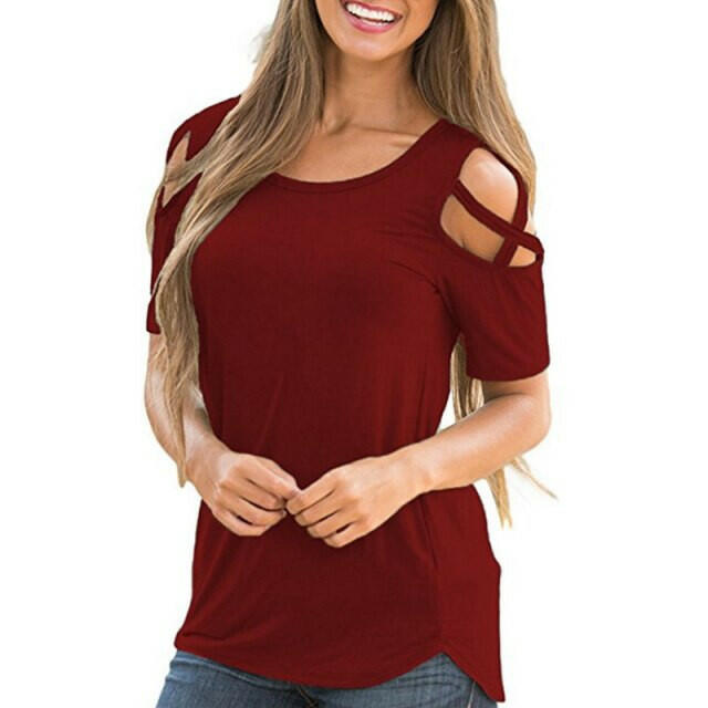 Women's Loose Strappy Cold Shoulder Top - Casual Summer T-Shirt.