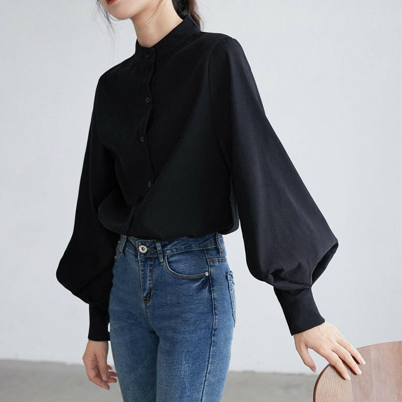 Big Lantern Sleeve Blouse Women Autumn Winter Single Breasted Stand Collar Shirts Office Work Blouse Solid Vintage Blouse Shirts.