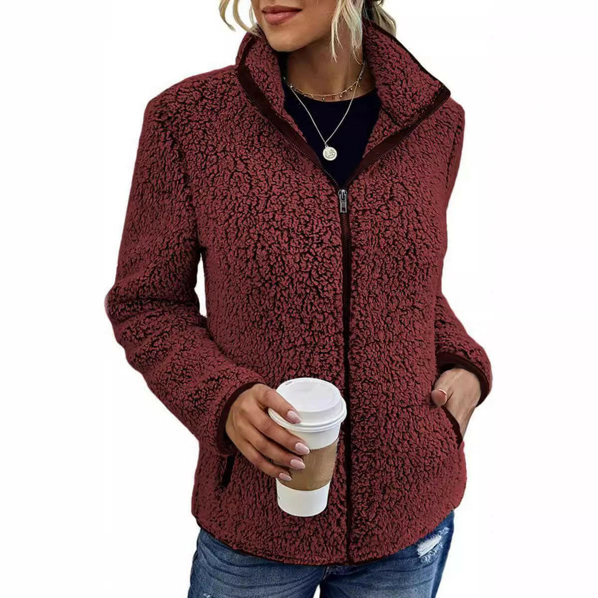 Women's Stand-Up Collar Solid Color Hoodie – Casual Long-Sleeved Zipper Jacket.