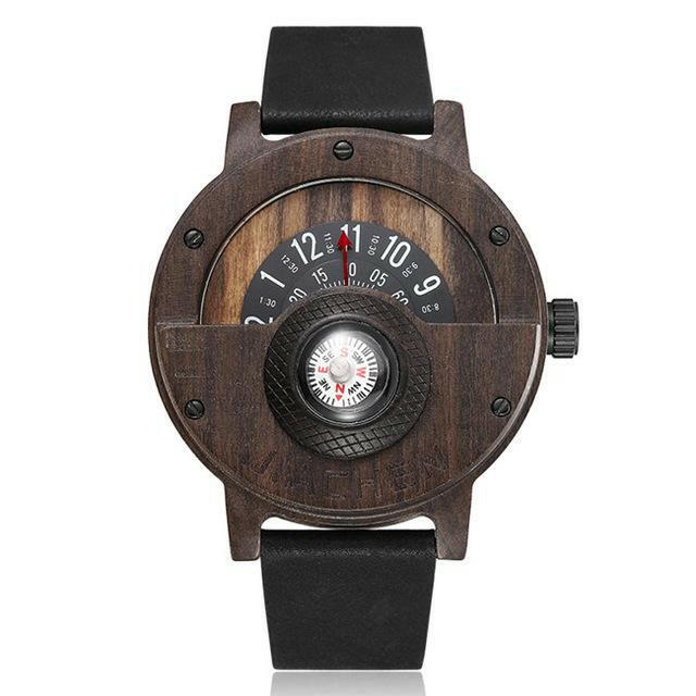 Unique Compass Turntable Design Mens Wooden Watch.