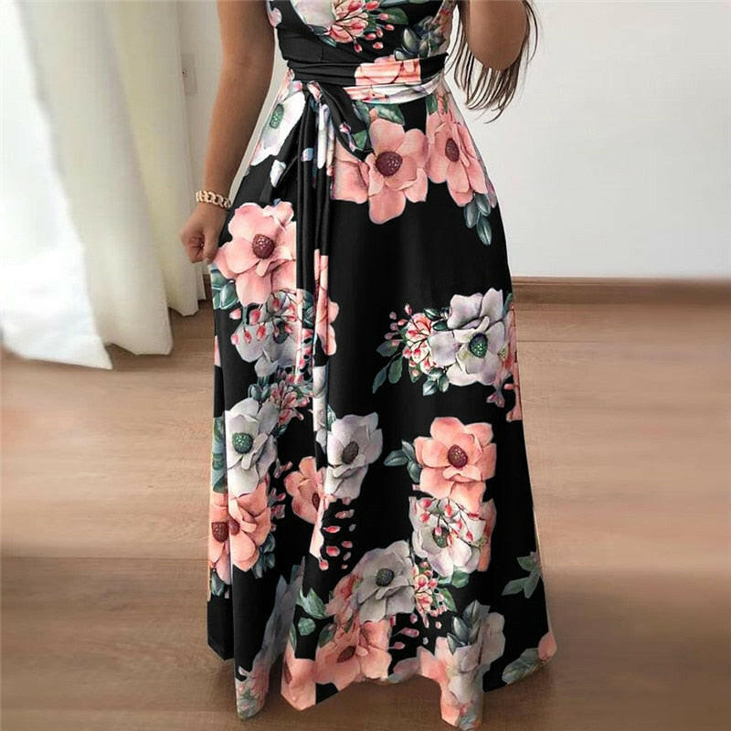 Women Summer Dress  Casual Short Sleeve Long Dress Boho Floral Print Maxi Dress Turtleneck Bandage Elegant Dresses Vestido.